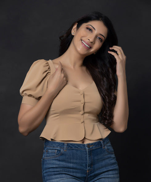 Brown Puffed Sleeve Crop Top